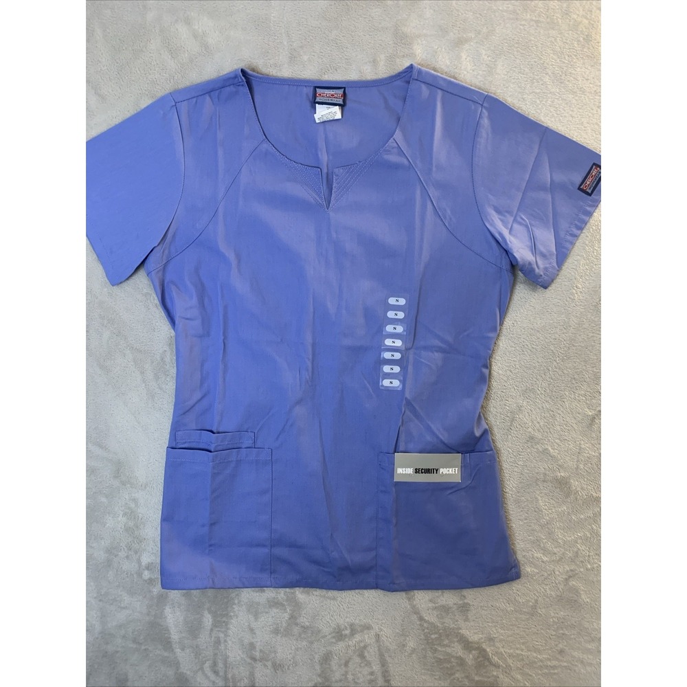 Cherokee Authentic New Women Scrub Top  Ciel Blue Small 3 Plus Security Pockets